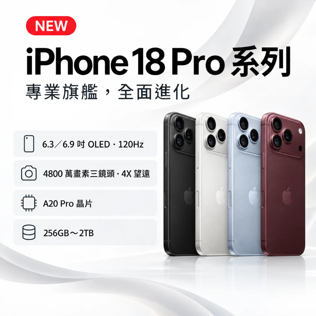 iPhone 18 Pro 系列 新上市：專業旗艦，全面進化——6.3／6.9 吋 OLED 120Hz、4800 萬畫素三鏡頭 4X 望遠、A20 Pro 晶片、256GB～2TB
