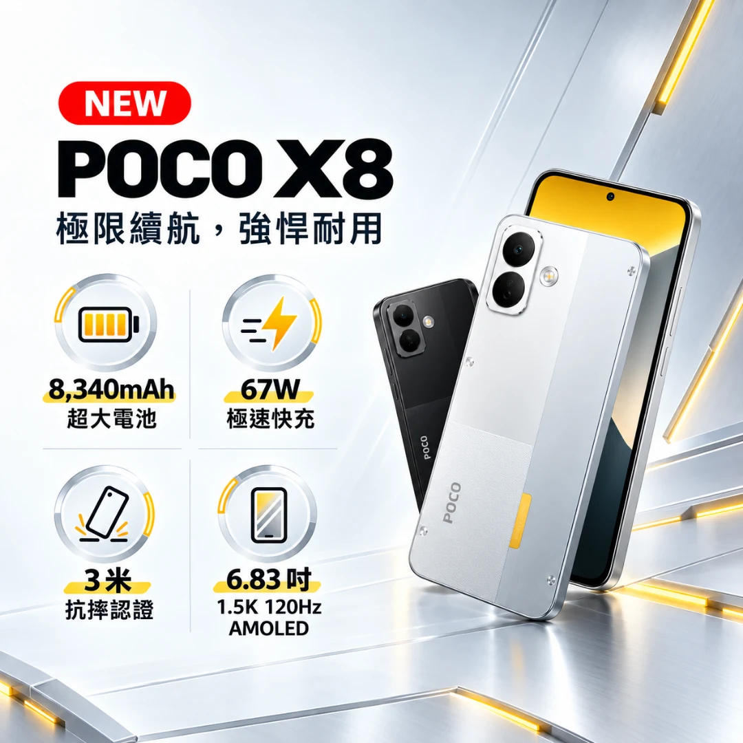 POCO X8 新上市：極限續航，強悍耐用——8,340mAh 超大電池、67W 極速快充、3 米抗摔認證、6.83 吋 1.5K 120Hz AMOLED